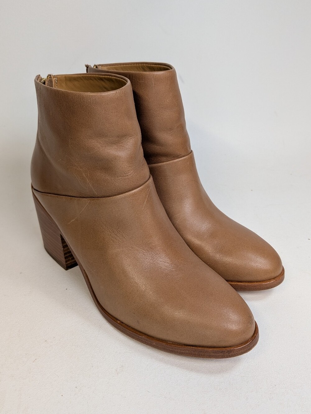 Nisolo Dari Heeled Ankle Boots Women's 7.5 Almond Leather Block Heel Zip Close
